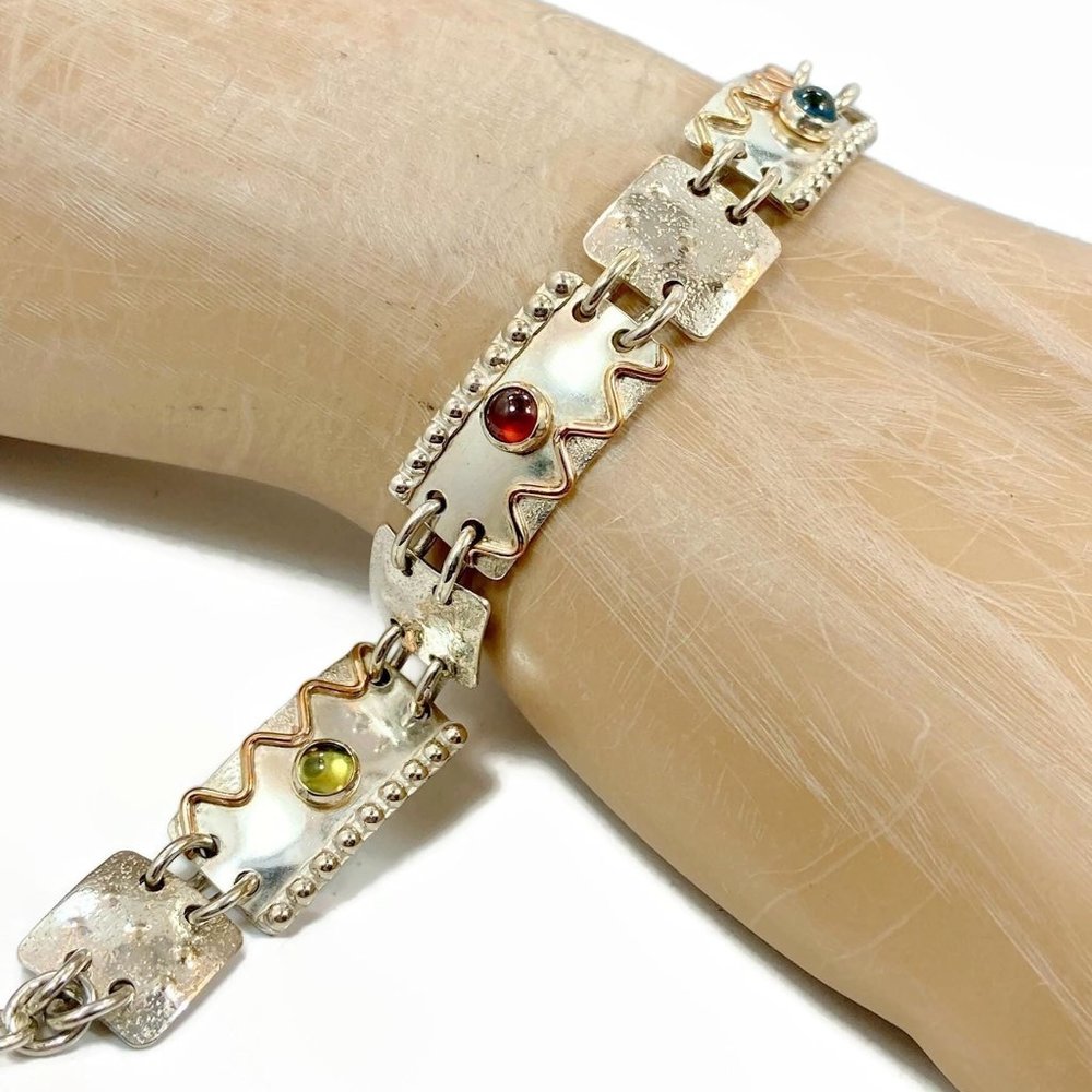 Unique Bracelet, Sterling Silver, Brass, Tourmaline, Peridot, Garnet, Aquamarine